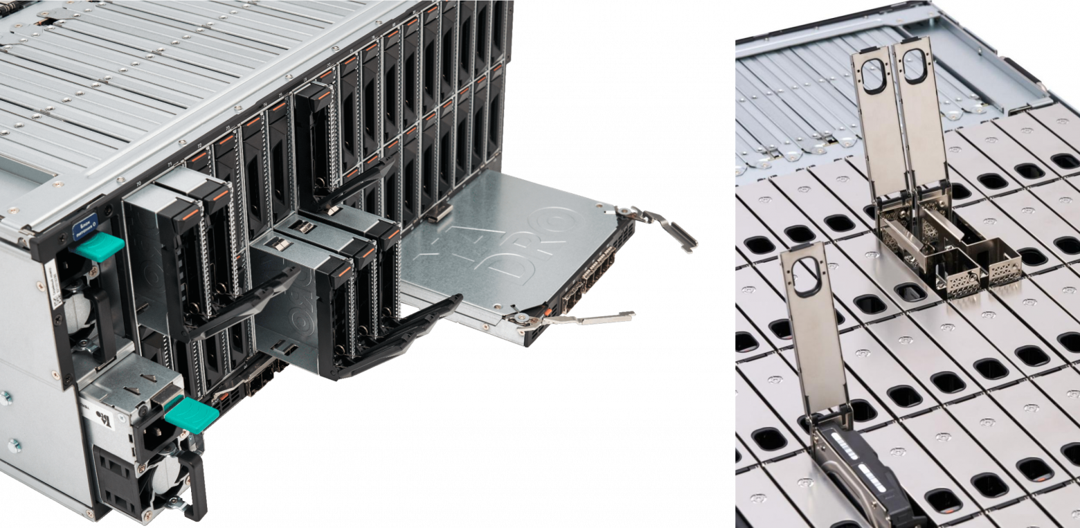 Один из вариантов дисковой полки СХД TATLIN включает в себя PCIe-свитч и корзинку из 34 NVMe-накопителей и модульный адаптер SAS-PCIe (выдвинут), который агрегирует диски в единый PCIe link (фото слева), а также посадочные места для 90 SAS-дисков (фото справа)
