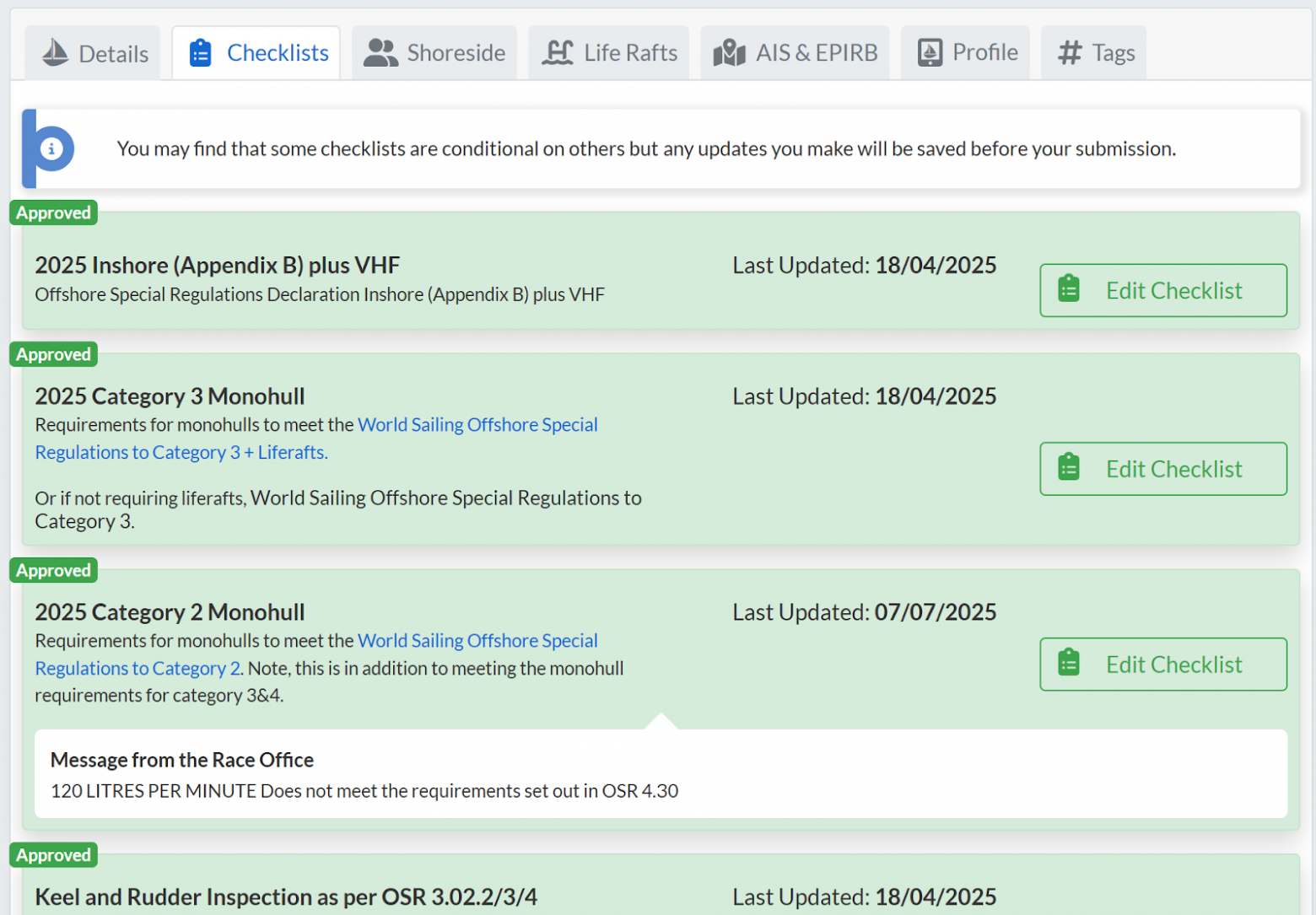 Скрин из SailRaceHQ - портал, где RORC регистрирует яхты и команды