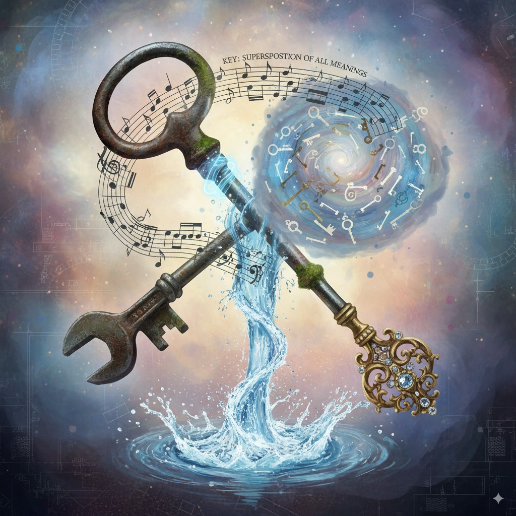 "ключ" - это слово с суперпозицией всех возможных смыслов. На картинке изображен "мутант" из разных образов. Сгенерировано через ИИ.