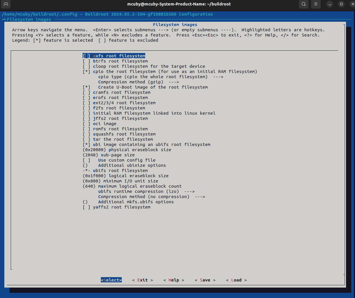 Рисунок 10.4. Настройка Filesystem images для UBIFS и initramfs/cpio.