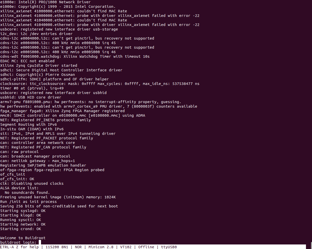Рисунок 11.4. Запуск Linux с rootfs.cpio.uboot (bootargs="console=ttyPS0,115200 root=/dev/ram rw earlyprintk"). 