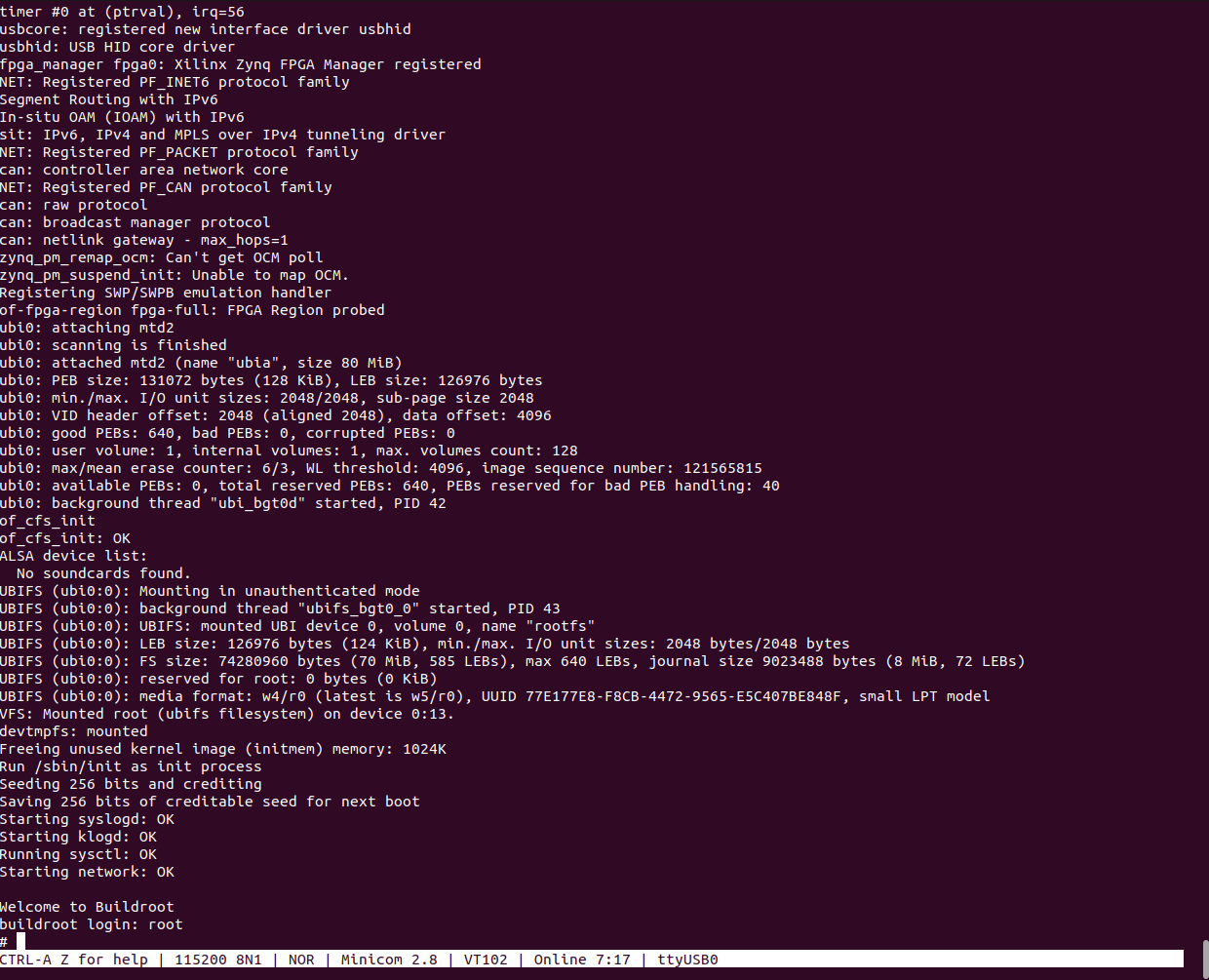 Рисунок 11.5. Запуск Linux с UBIFS (bootargs console=ttyPS0,115200 ubi.mtd=2 root=ubi0:rootfs rootfstype=ubifs rw rootwait earlyprintk - указано в boot.src).