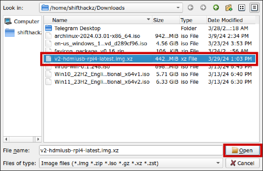 Выбор файла образа