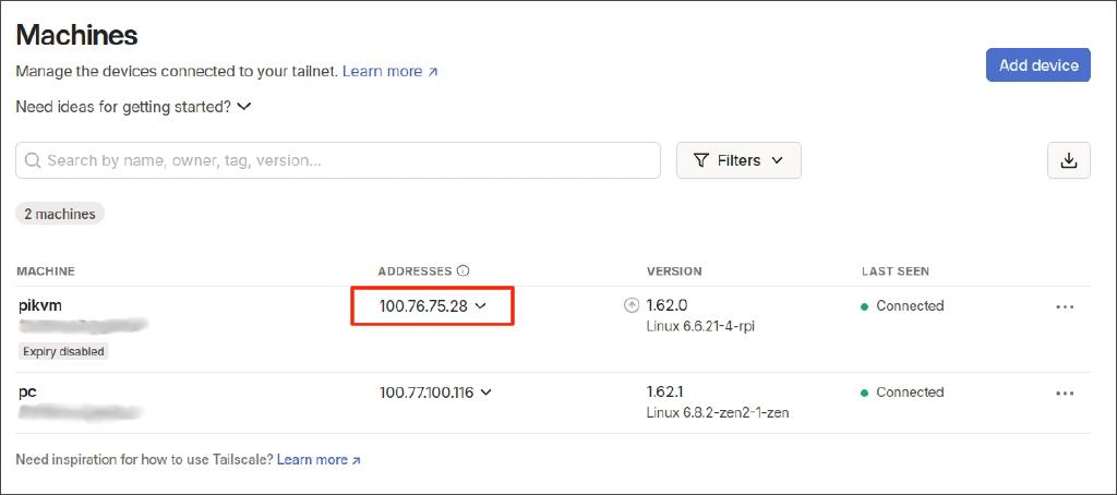 Панель администрирования Tailscale (Admin Dashboard) с перечнем подключённых устройств