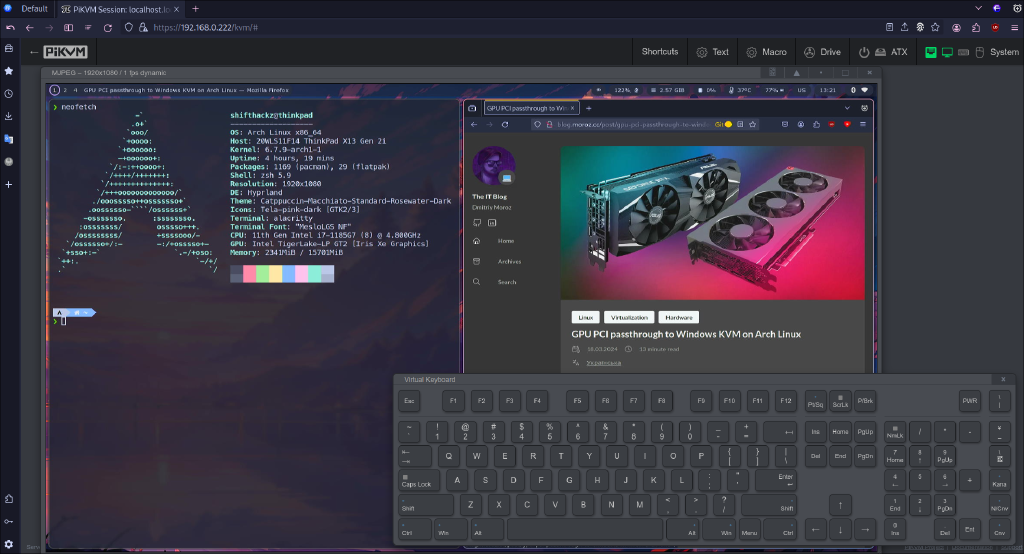 Пример сессии удалённого управления ноутбуком через веб-интерфейс PiKVM