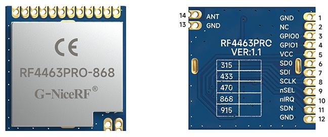 Вид сверху и снизу модуля RF4463PRO, показывающий расположение выводов