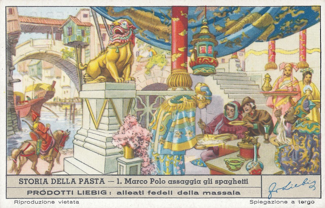 Итальянская иллюстрация 1951 года на тему «Марко Поло добывает в Китае рецепт пасты»