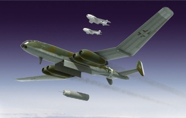 Рендер P.188.04 в момент бомбометания. В сопровождении «народный истребитель» BV P.211.01, проигравший конкурс He.162