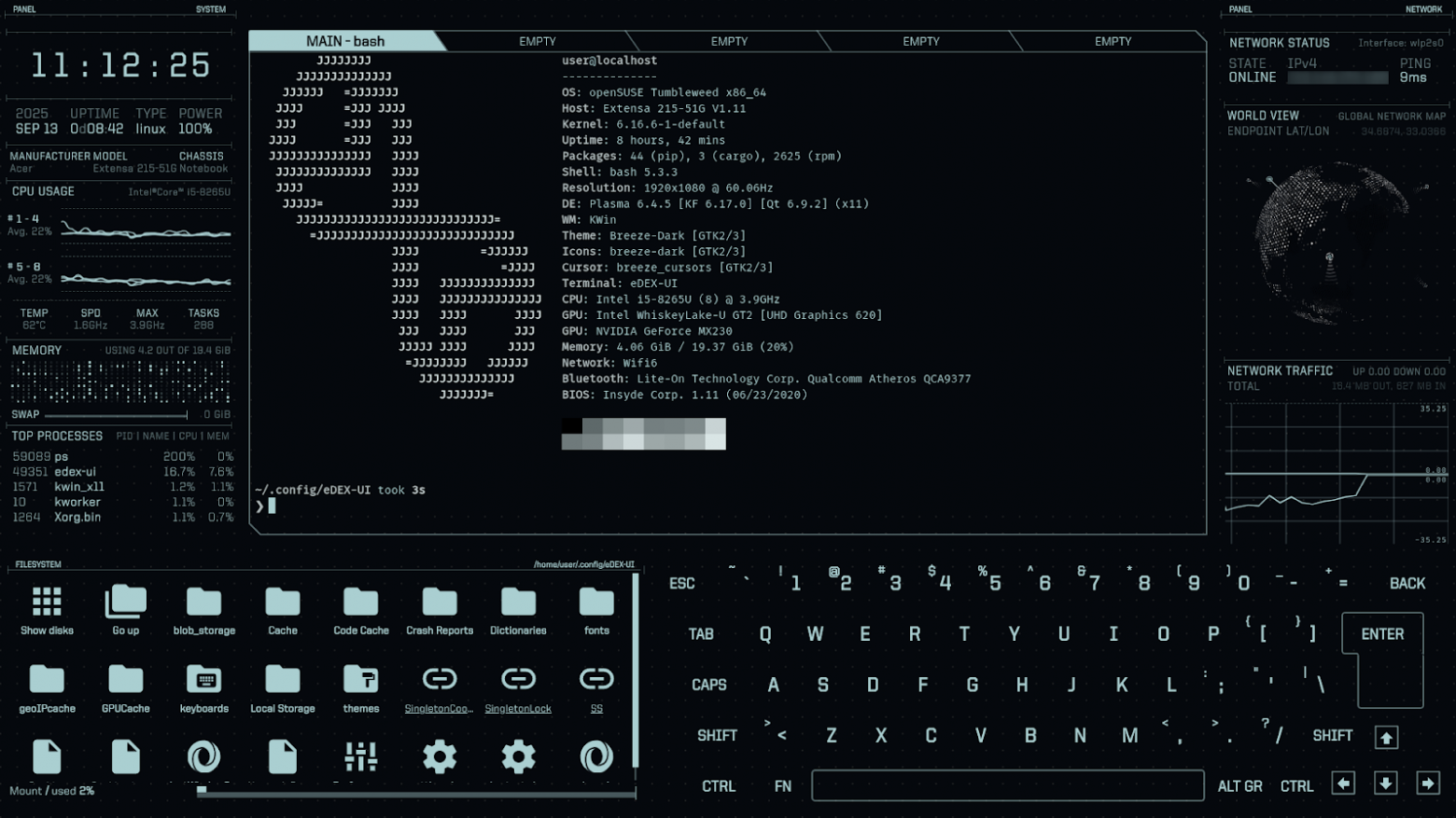Внешний вид eDEX-UI по умолчанию