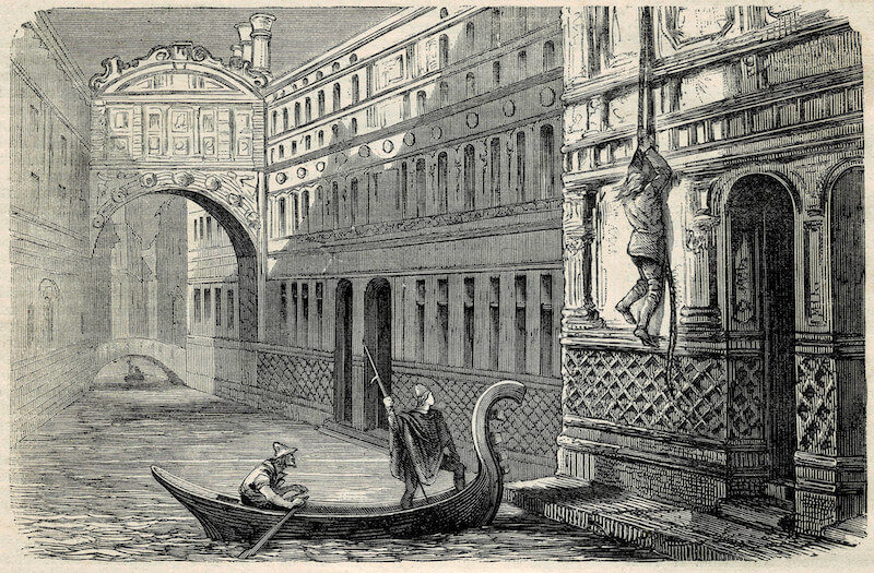 Побег Казановы из дворцовой тюрьмы Пьомби в Дворце Дожей на фоне Моста Вздохов. Историки долгое время считали, что на самом деле он сбежал, просто подкупив стражу, а в мемуарах изобразил историю романтичнее, чем было — но позже в архивах Дворца Дожей нашли документацию по ремонту разломанной беглецами кладки