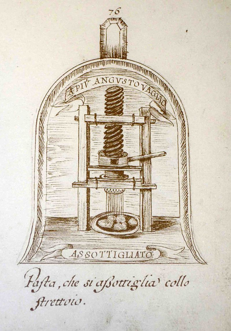 Неаполитанский механизм для производства спагетти, иллюстрация 1638 года