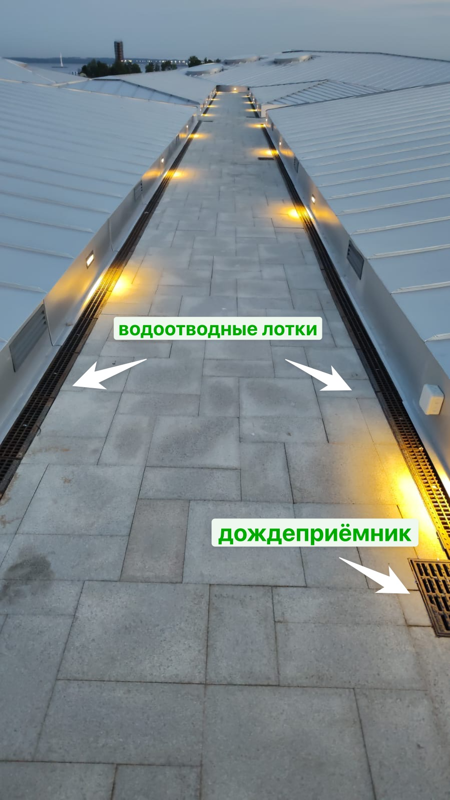 Лотки делали специальные — эксплуатируемые, чтобы их можно было легко чистить. Воронки поставили усиленные двойные — чтобы огромный поток воды с такой площади мог стечь без переливания. 