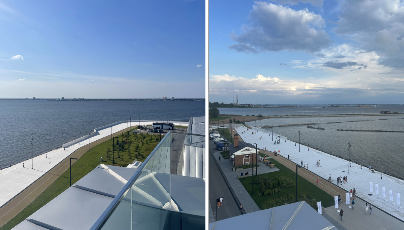 Получилось 20 тысяч квадратов эксплуатируемой кровли сложной формы. Попасть сюда можно из музея или поднявшись по лестнице от набережной. Летом крыша соединяет центральный вход с набережной — получается сквозной маршрут. Зимой его закрывают из-за гололёда.