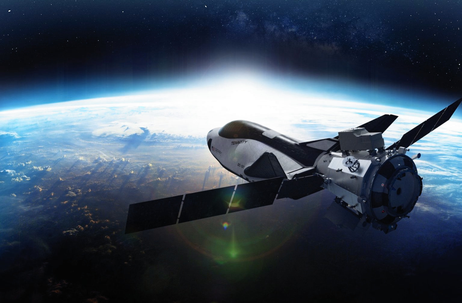 Художественное изображение космического корабля Dream Chaser на орбите с грузовым модулем Shooting Star.Источник: Sierra Space  