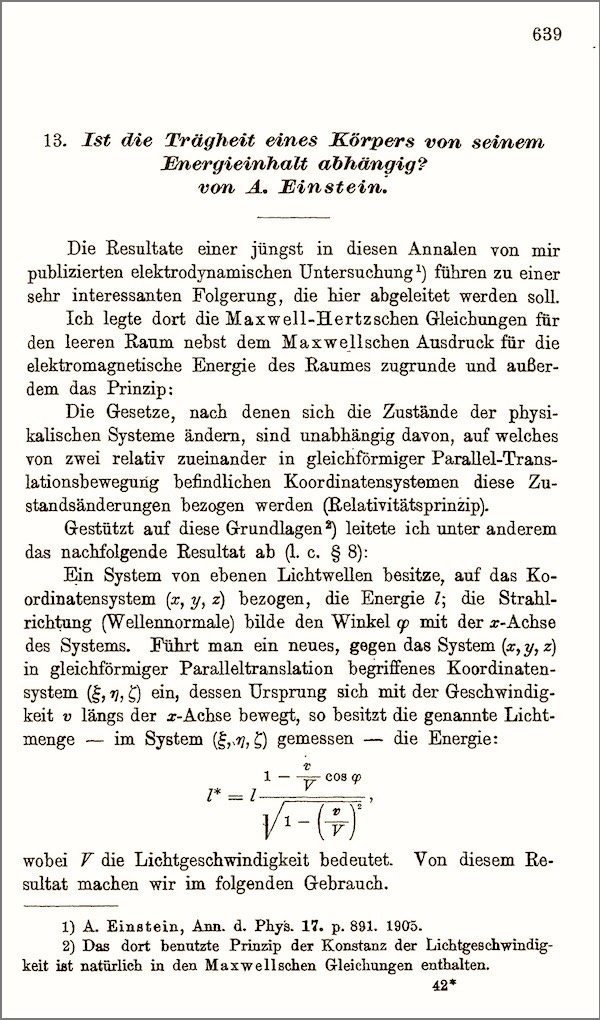 Первая страница работы Эйнштейна "Зависит ли инерция тела от содержащейся в нем энергии?" - Ist die Trägheit eines Körpers von seinem Energieinhalt abhängig? Ann. Phys., 1905, 18, 639–641.