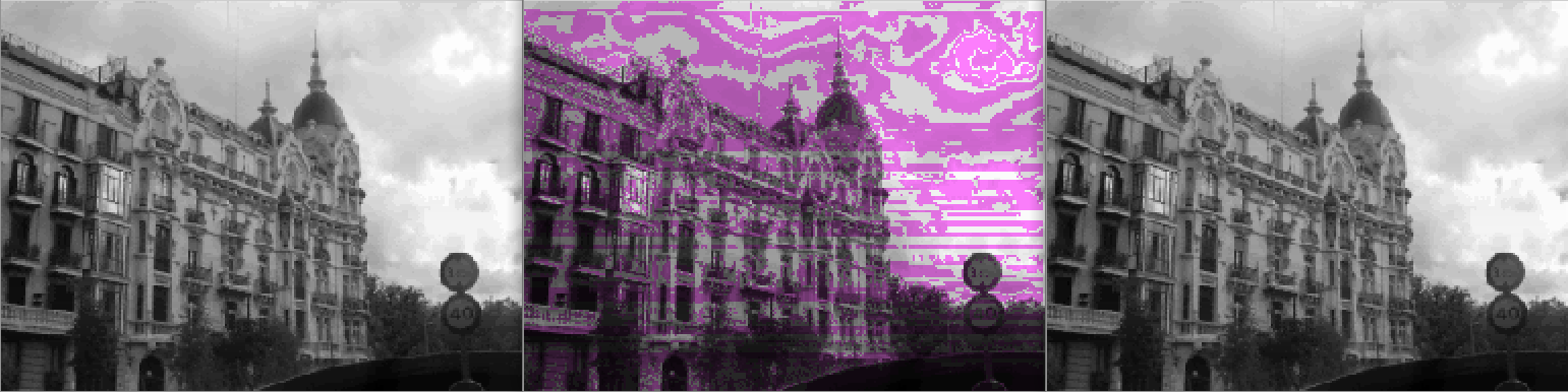 Слева: обычный вывод; посередине: сравнение; справа: вывод с аппроксимированным делением