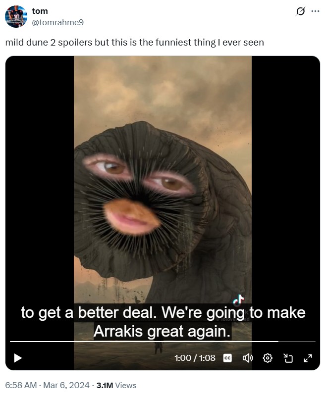 К слову, мне вспомнился самый смешной тикток 2024 года, где Шай-Хулуд толкает предвыборную речь в стиле Трампа – клянусь, если вы в свое время пропустили этот шедевр, самое время наверстать!