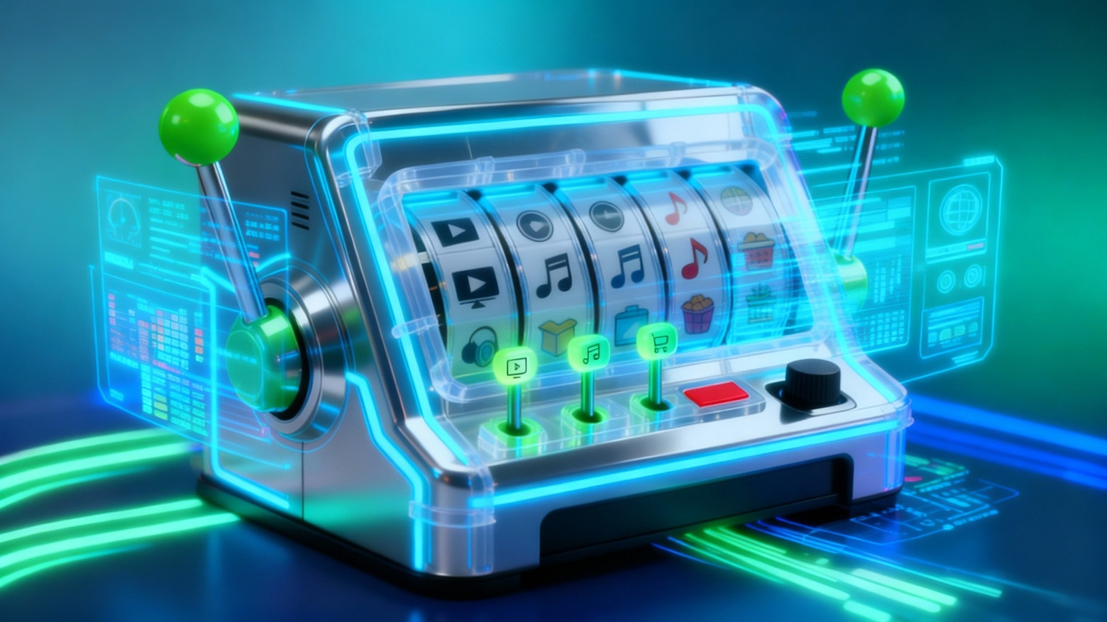 Промпт: Визуализация алгоритма «контекстного многорукого бандита»: футуристичный игровой автомат с множеством рукояток, где каждая рукоять — это разный контент (видео, музыка, товары), а решение, за какую потянуть, принимается на основе данных о пользователе, проецируемых на него в виде голографических диаграмм. Цифровое искусство.