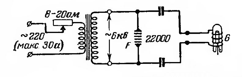 Рис. 2.2. Искровой генератор Сименс. Схема принципиальная. Трансформатор 6 кВА, 50 Гц; F — 6…8 секционный искровой разрядник с пробивным напряжением 800…1000 В. Эффективная мощность генератора 1…3 кВт