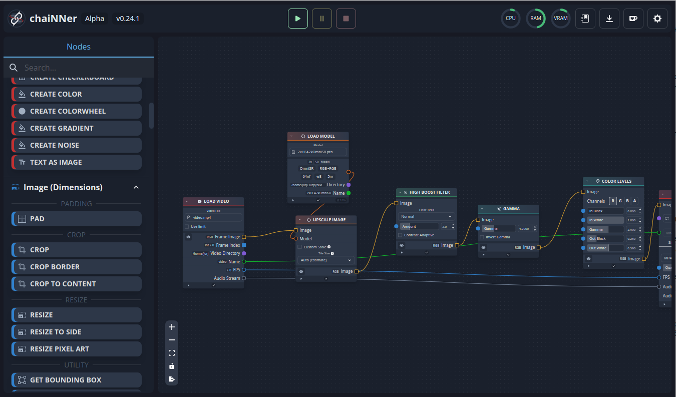 Интерфейс ChaiNNer с нодами