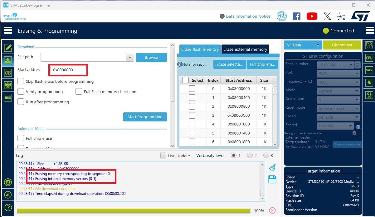 Скриншот STM32CubeProgrammer с настройкой адреса для прошивки загрузчика