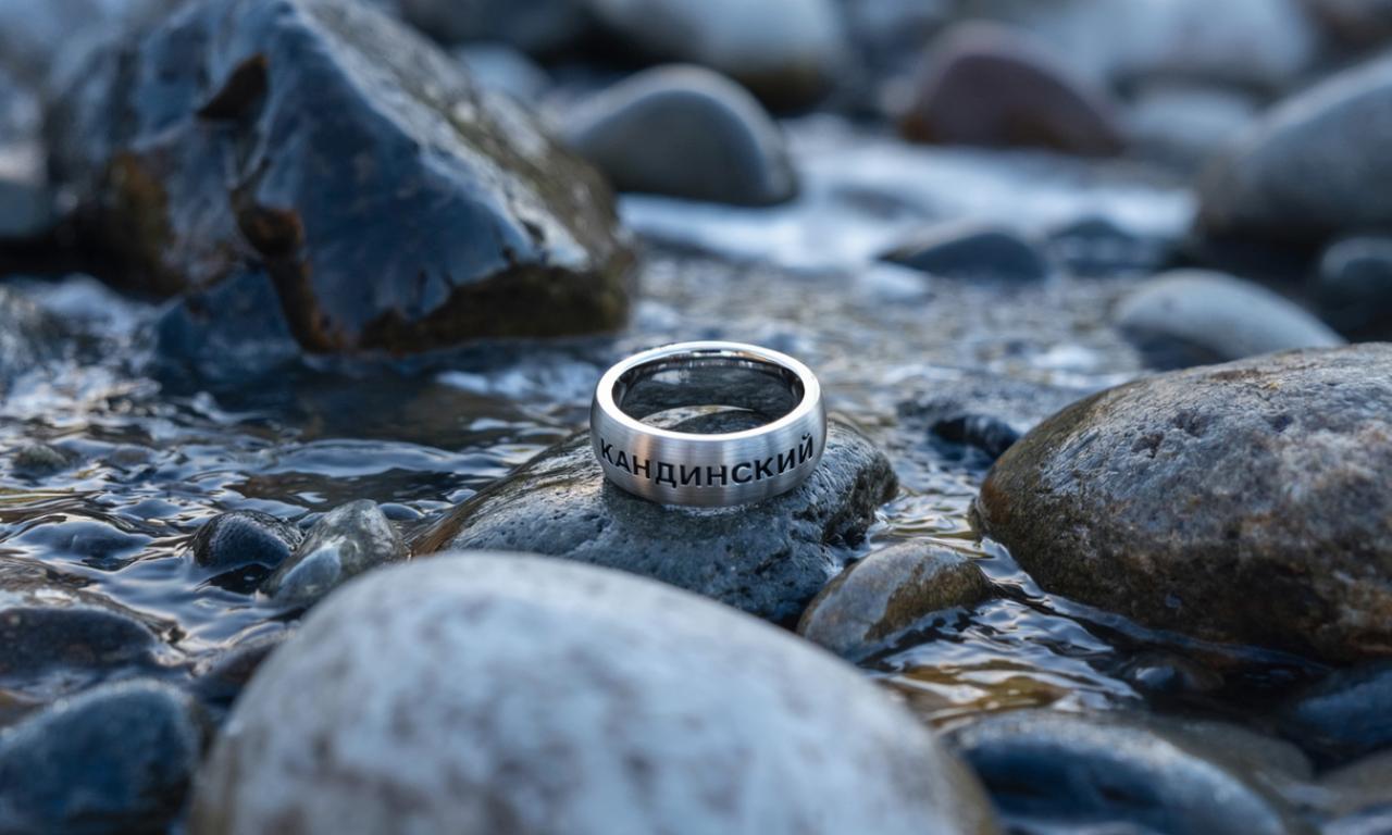 Prompt: Стильное рекламное фото. Крупный план. Среди мокрых мрачных скал и камней в медленном ручье ледяной воды и в луче света лежит серебряное мужское кольцо с надписью КАНДИНСКИЙ