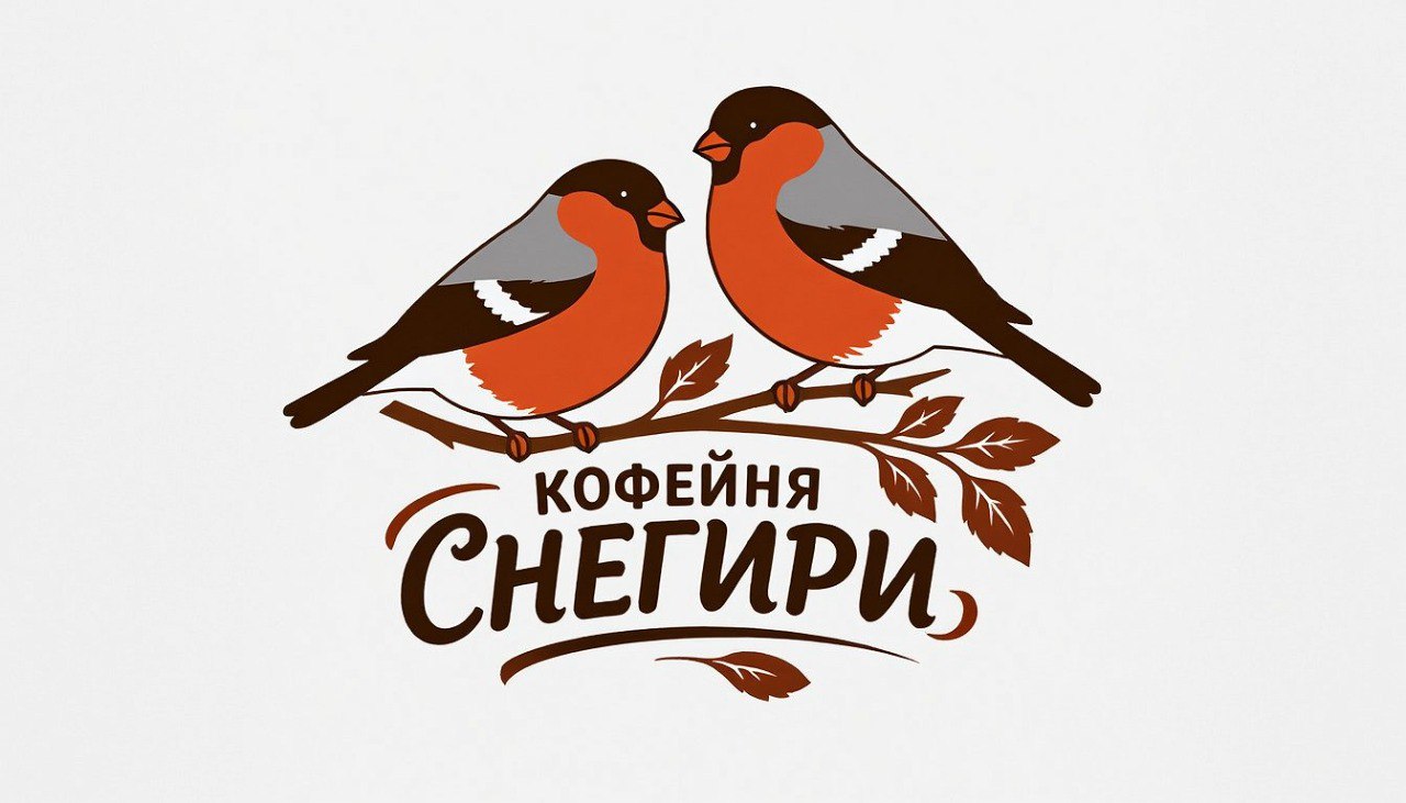 Prompt: Векторная графика на светлом фоне сидят два снегиря на ветке и надпись Кофейня СНЕГИРИ 