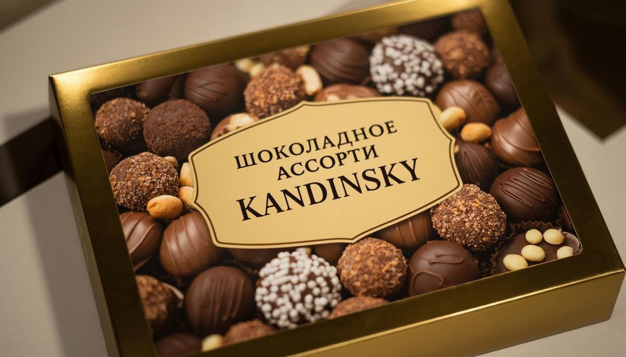 Prompt: Красивая рекламная съемка. Крупный план на коробку шоколадных конфет. Коробка золотая с красивым рельефным флористическим орнаментом. В центре коробки небольшое глянцевое изображение шоколадных конфет с разными посыпками. На коробке написано ШОКОЛАДНОЕ АССОРТИ KANDINSKY. Очень дорого и празднично