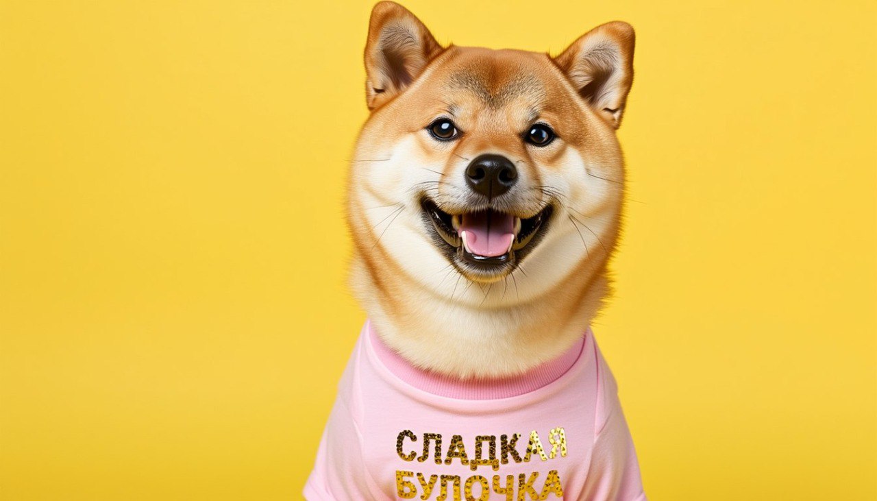 Prompt: Милая улыбающаяся сиба-ину на насыщенном желтом фоне в розовой футболке на которой зеркальными пайетками вышито СЛАДКАЯ БУЛОЧКА