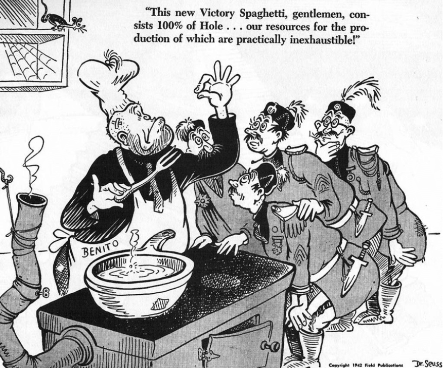 Ненавидевшего пасту Муссолини американцы в карикатурах тоже периодически рисовали со спагетти (ну или без них, как здесь)