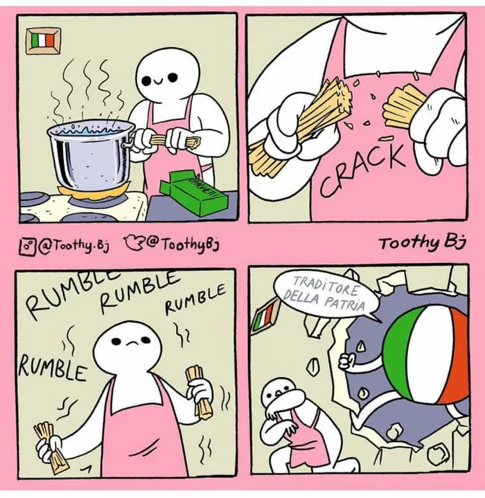 (ну и да, итальянцы действительно считают кулинарной ересью ломку спагетти перед варкой)