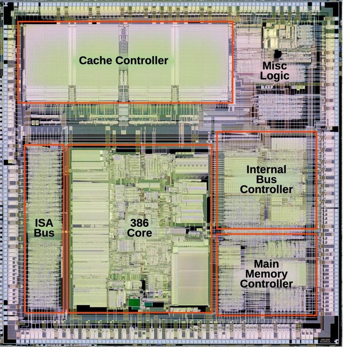 Кристалл 386 SL с подписью функциональных блоков. Фотография кристалла предоставлена Антуаном Берковичи. Полная версия