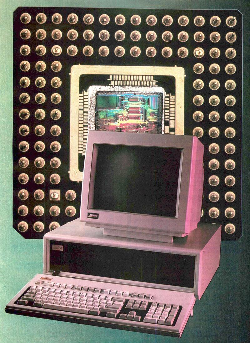 Compaq Deskpro 386 на фоне процессора 386. Источник: PC Tech Journal, 1987. Любопытно, что изображение кристалла 386 отражено зеркально, что видно по расположению ПЗУ микрокода и декодера инструкций вверху, а также по положению срезанного угла корпуса. Полная версия
