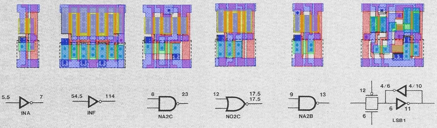 Примеры стандартных ячеек, использованных в 386. По материалам «Automatic Place and Route Used on the 80386» Джозефа Краускопфа и Пэта Гелсингера, Intel Technology Journal, весна 1986. Цвет добавлен мной. Полная версия