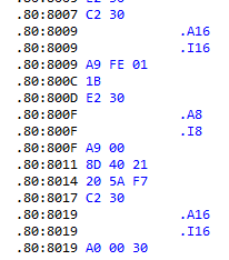 Спустя время я понял, что эти вот .A8, .A16, .I8, .I16 - это и есть режим для последующих инструкций