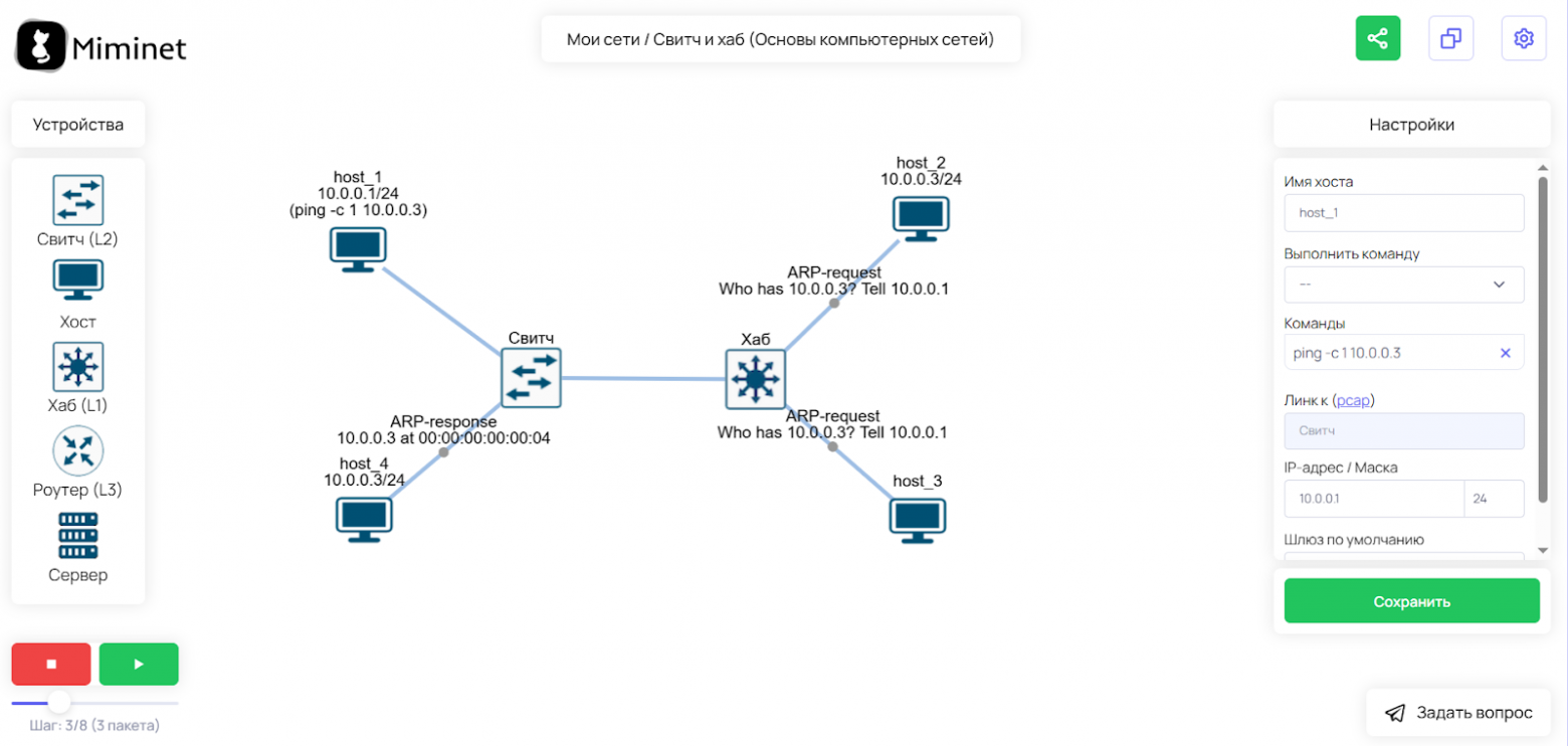 Пример работы коммутатора и концентратора  