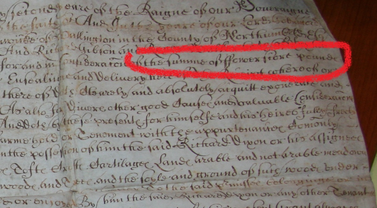 «… the summe of ffower score pounds…». Здесь score — это двадцать фунтов, т.е. четыре по двадцать.