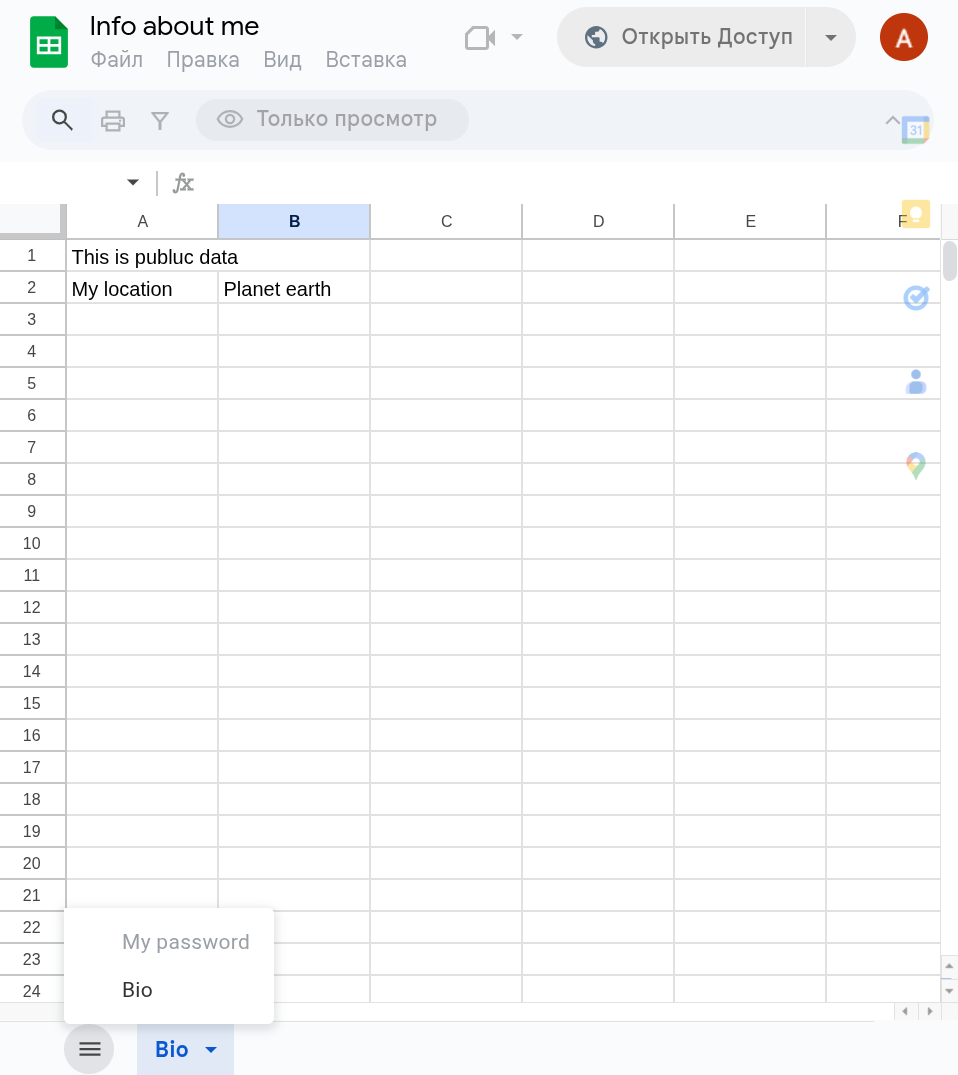 Просмотр скрытых листов в Google Sheets - 5 Скрытый лист с правами только на чтение