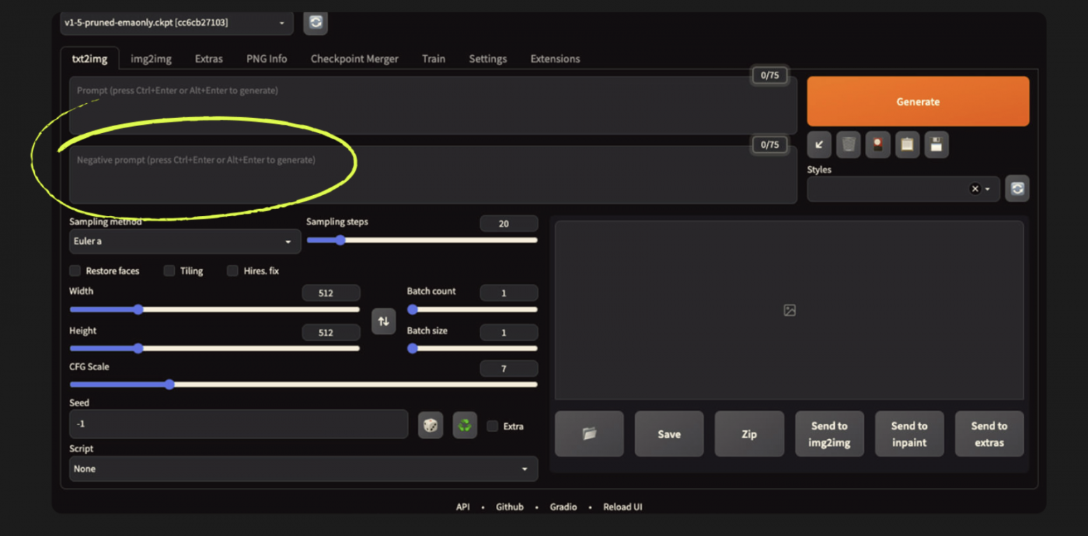 Поле для негативных промптом в Stable Diffusion  