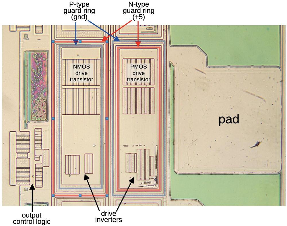 Схемотехника выходного узла W/R#. (Сигнал W/R# сообщает подсистемам памяти и ввода-вывода, выполняет ли 386 операцию записи или чтения.) Я удалил металл и поликремний, чтобы показать нижележащий кремний.