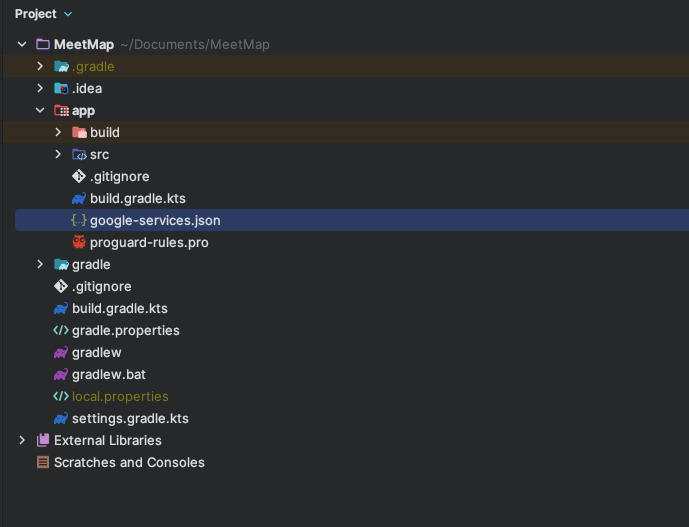 Выходим из Android view и переключаемся на Project view. В папке app добавляем наш google-services.json.