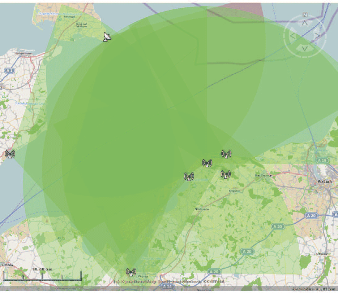 Сектор обзора у базовой станции обычно составляет 120°. Две выбранные станции расположены рядом, что даёт шесть позиций с семью освещёнными секторами. Диапазон секторов на рисунке соответствует 40 км