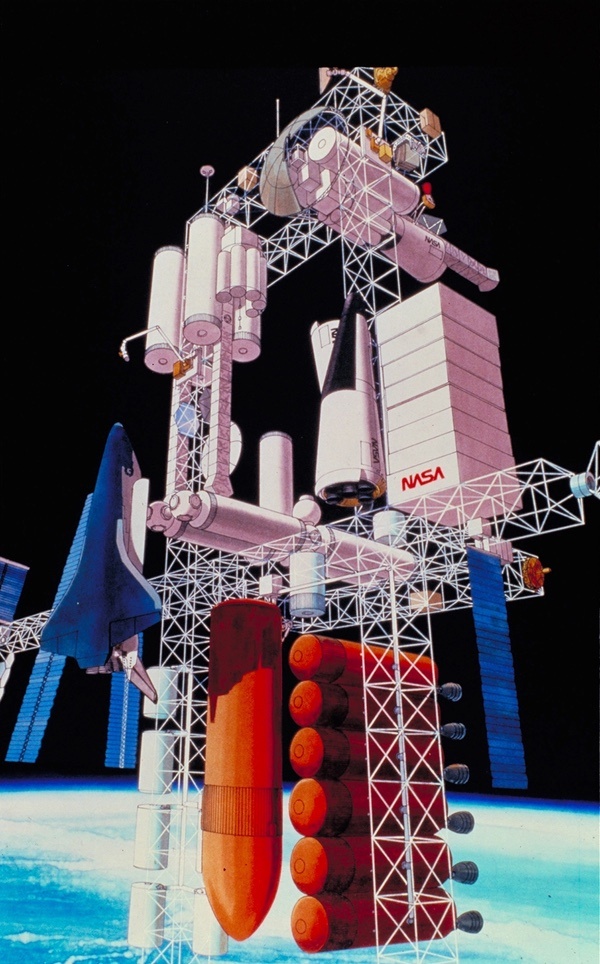 Космический корабль-циклер² для Марса предполагалось собирать на орбите Земли у космической станции. Затем три аппарата Habitat отправлялись бы к Марсу. Изображение: Картер Эммарт