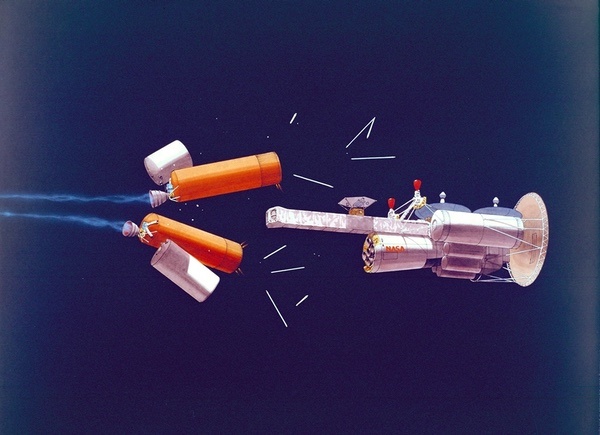 Аппараты Habitat выводились бы к Марсу с помощью разгонных ступеней. После использования ступени сбрасывались. Изображение: Картер Эммарт