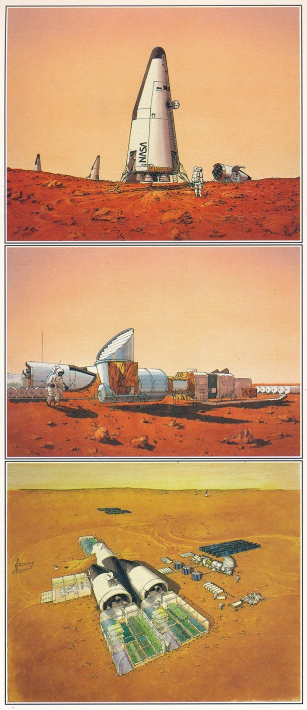 Пилотируемые посадочные аппараты предварялись бы грузовыми посадочными. План состоял в создании базы с постоянным присутствием экипажа. Изображения: Картер Эммарт