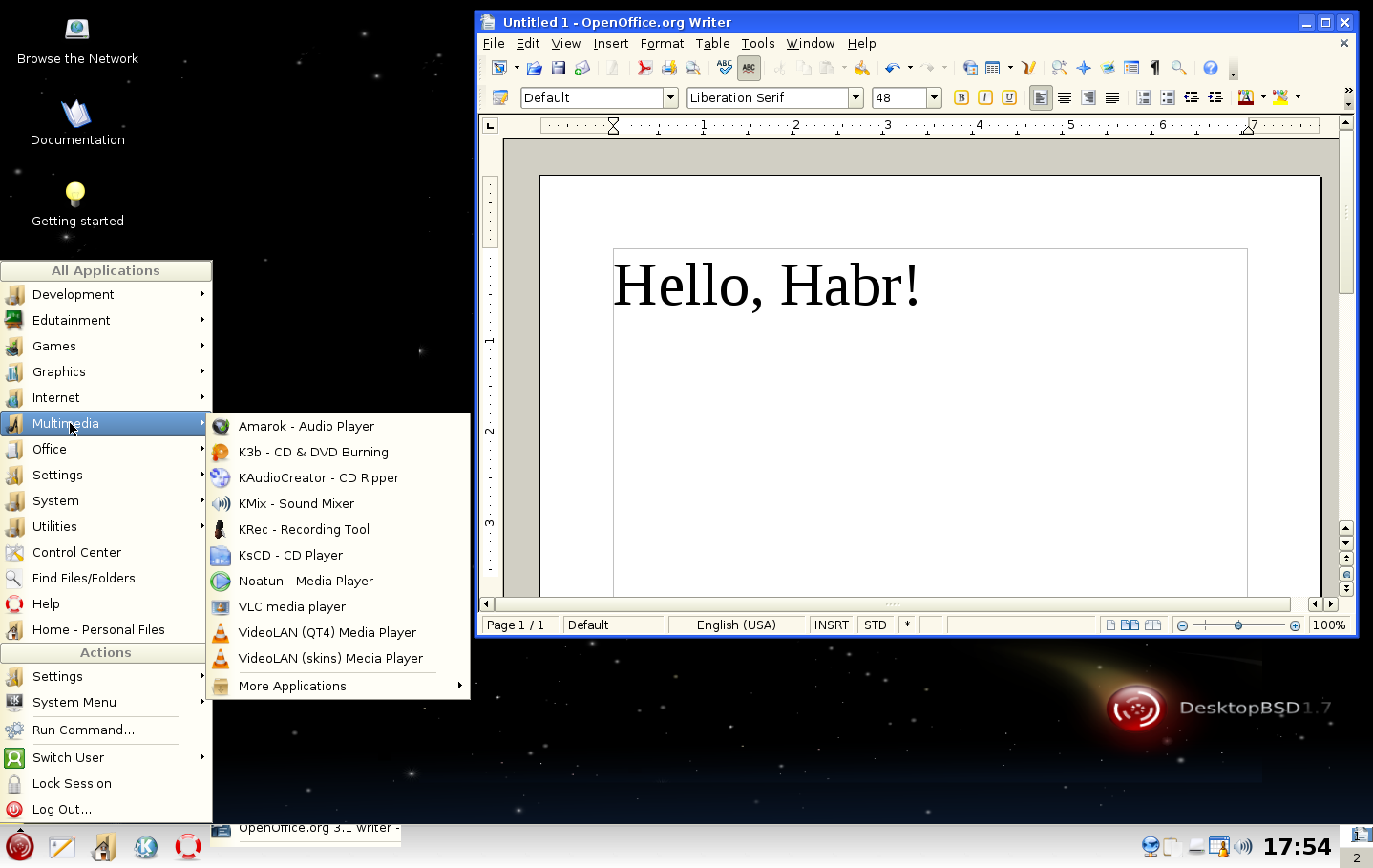 Вид рабочего стола DesktopBSD 1.7