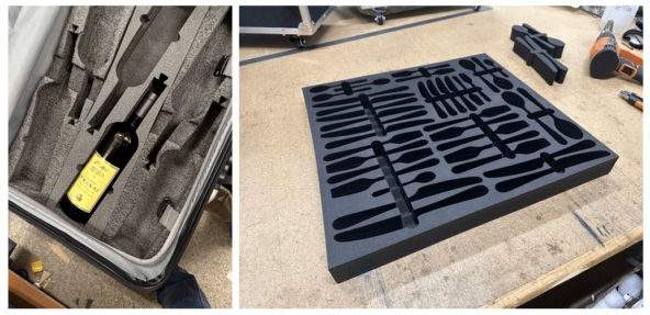 Слева – ложемент в багажный чемодан, чтобы возить вино из Калифорнии, справа — ложемент для кухни в частном самолёте.