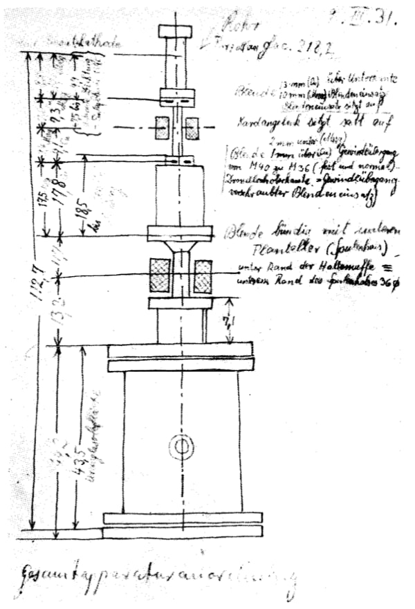  Эскиз Эрнста Руски его первого прототипа электронного микроскопа, датированный 1931 годом. Источник: Нобелевская лекция Эрнста Руски