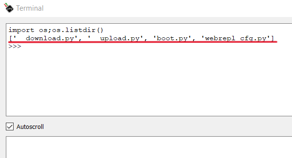 Загруженные файлы в терминале uPyLoader  