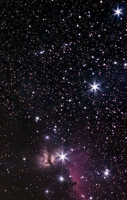 Пояс Ориона, Туманности Пламя (Flame) и Конская голова. Без телескопа! Sony A7II + Takumar 200/4 at 5.6  , 250 x 30 sec at iso 6400  